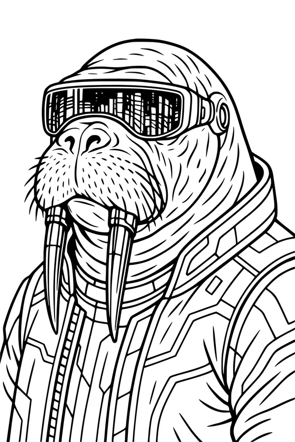 Free Walrus Coloring Page - Sci-Fi Space Suit and Goggles (Printable PDF)