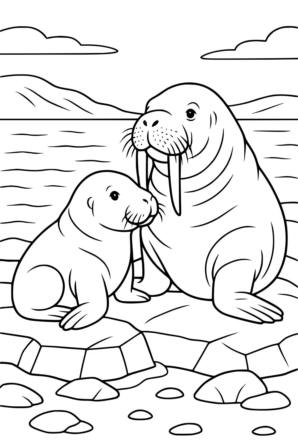 Adult walrus with tusks and a baby walrus sitting on rocky shore by water, mountains and clouds in background.