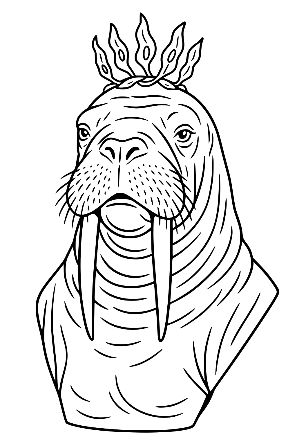 Walrus with long tusks and wavy seaweed crown facing forward, showing strong whiskers, wrinkles, and rounded body.