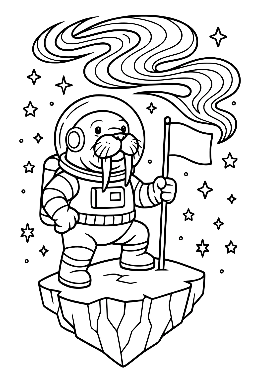 Walrus in a spacesuit standing on a rocky island in space, holding a flag, with swirling clouds and stars around him.