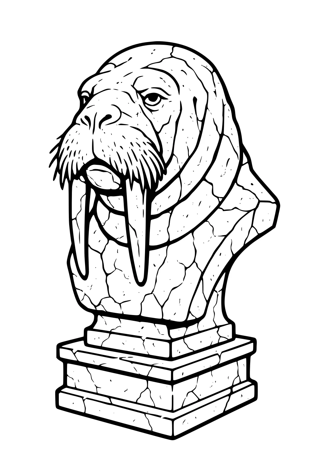 Stone walrus bust statue with prominent tusks on a cracked marble pedestal, drawn with simple black outlines.