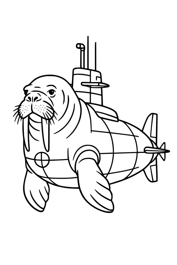 Free Walrus Coloring Page - Funny Submarine Sea Captain (Printable PDF)