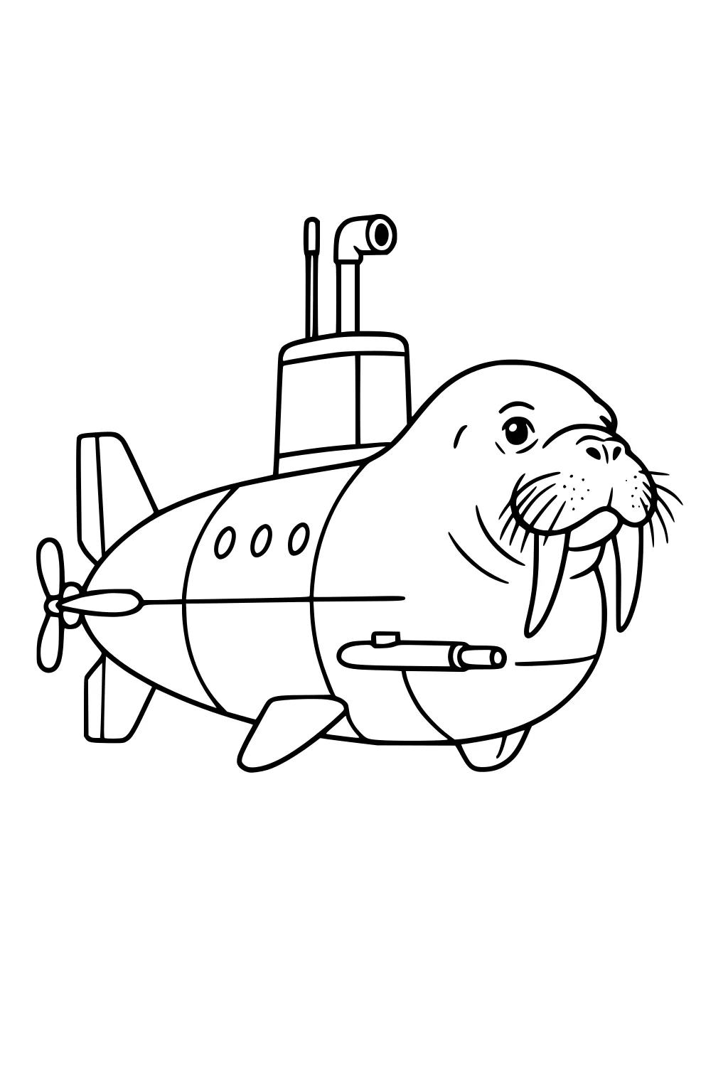 Cartoon walrus with a submarine body, periscope, fins, and spinning propeller on a plain background.
