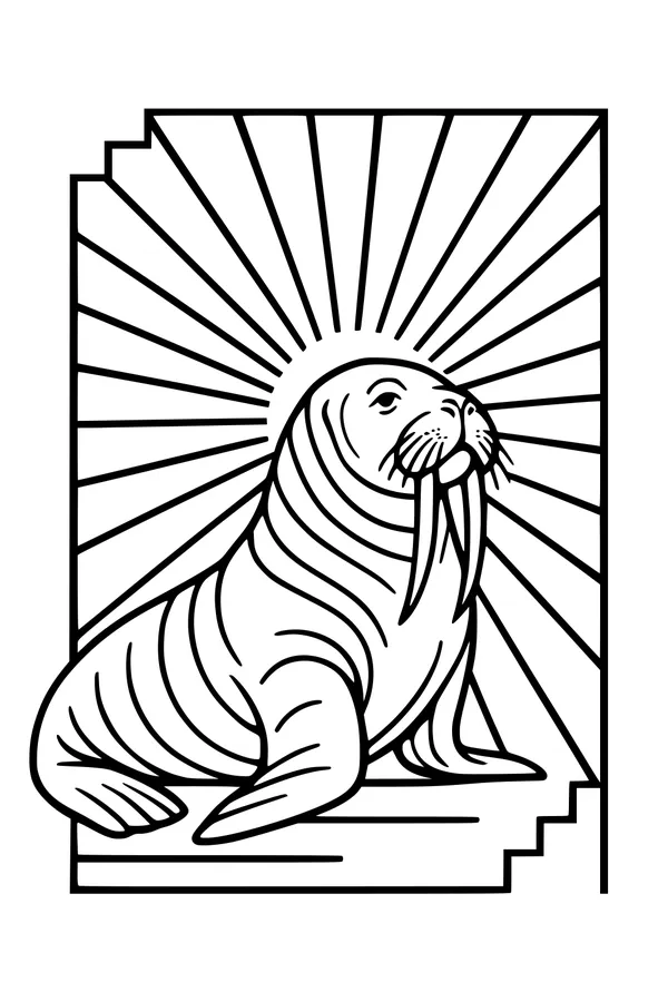 Free Walrus Coloring Page - Sunbeam Walrus on Arctic Steps (Printable PDF)