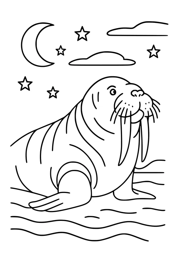 Free Walrus Coloring Page - Midnight Walrus Under the Stars (Printable PDF)