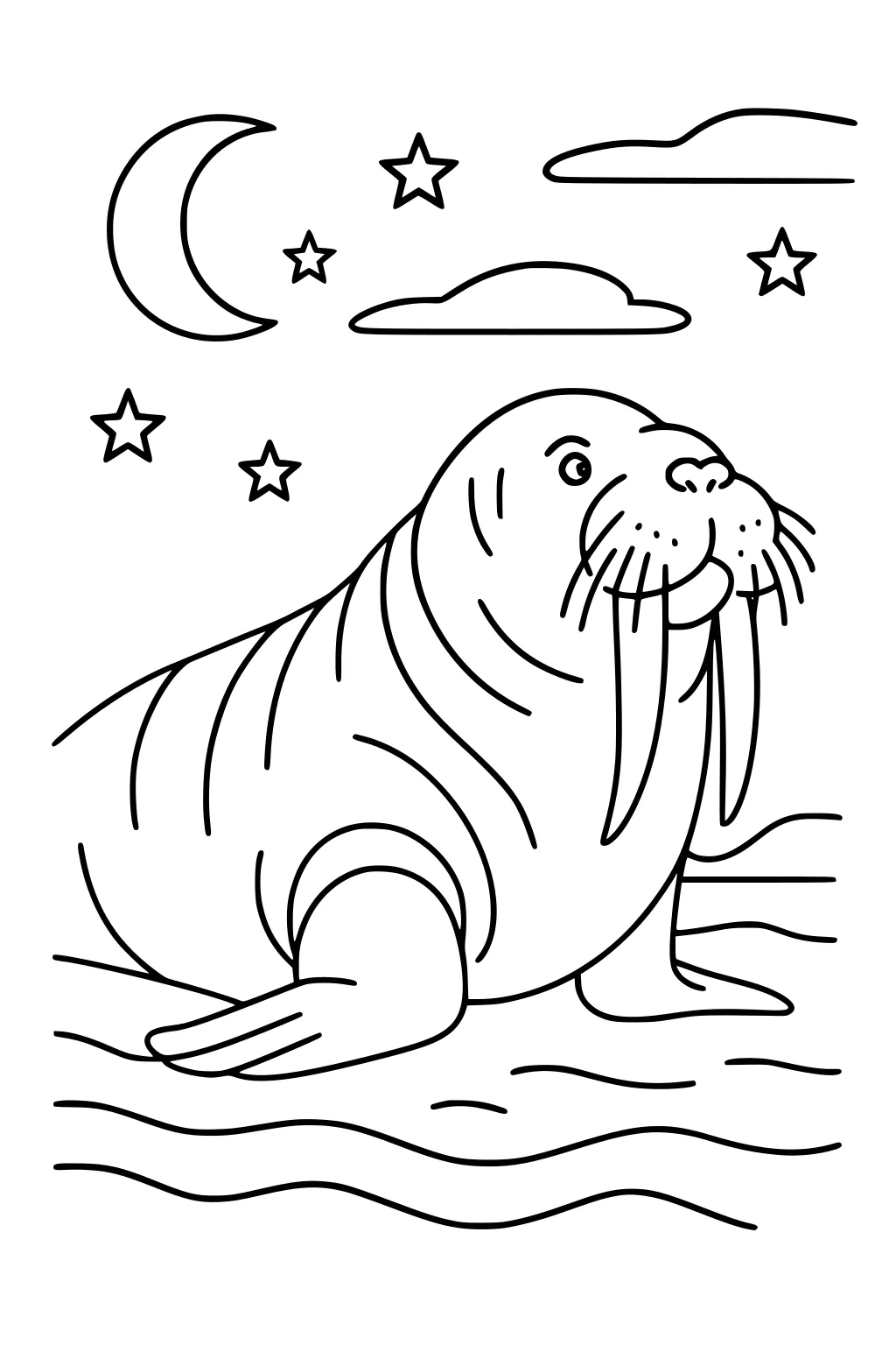 Walrus sitting in nighttime water with large tusks. Crescent moon, clouds, and stars fill the sky above.