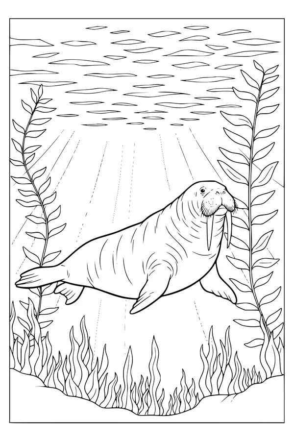 Free Walrus Coloring Page - Underwater Sunbeams and Seaweed (Printable PDF)