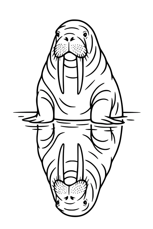 Free Walrus Coloring Page - Funny Reflection by the Water (Printable PDF)