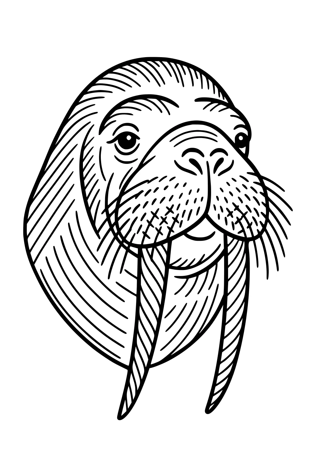 A walrus face with long tusks, wrinkled fur, and many whiskers, sketched with bold lines.
