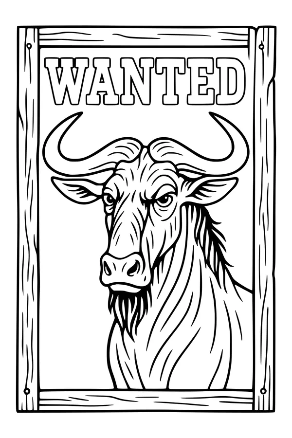 Free Wildebeest Coloring Page - Wanted Poster Safari Animal (Printable PDF)