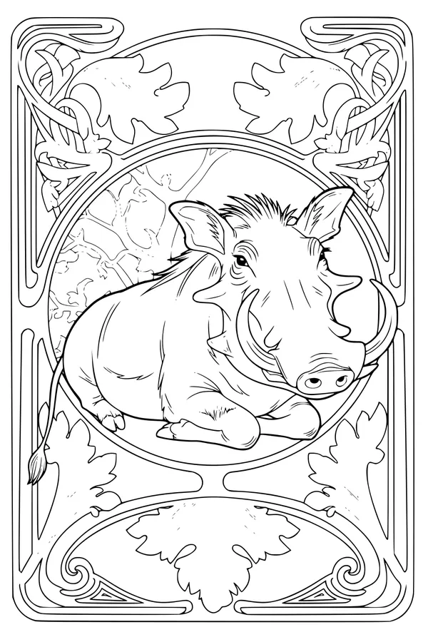 Free Warthog Coloring Page - Relaxed Warthog in Leafy Ornate Frame (Printable PDF)
