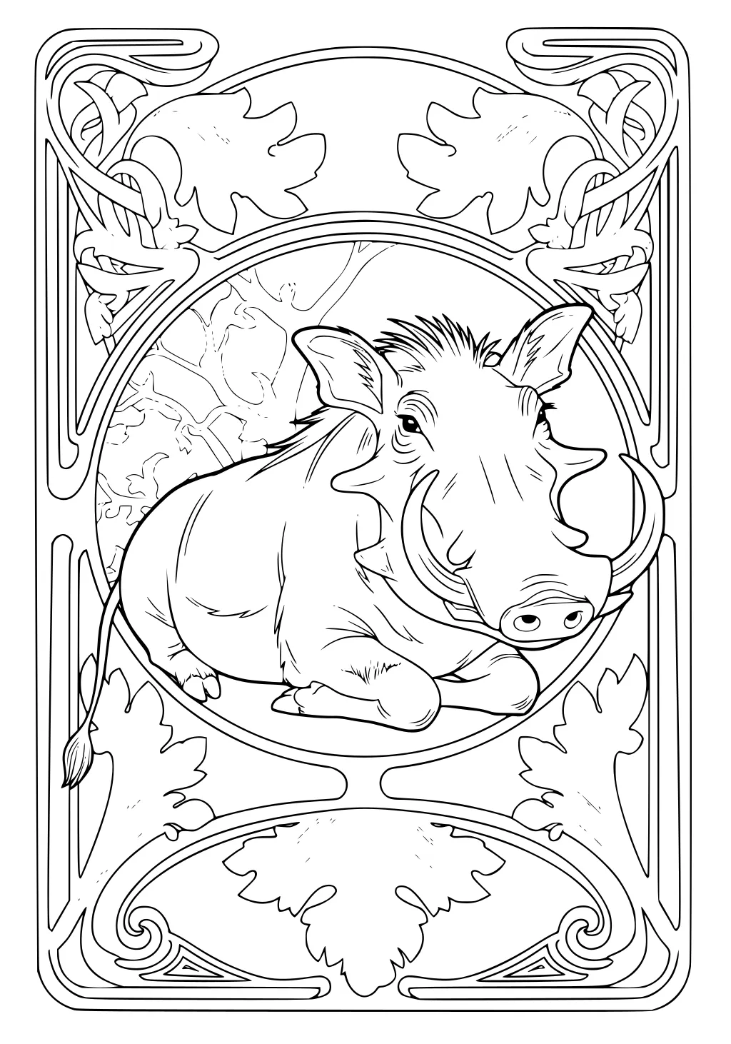 A warthog resting inside an ornate frame with big swirling leaves and curling border details.