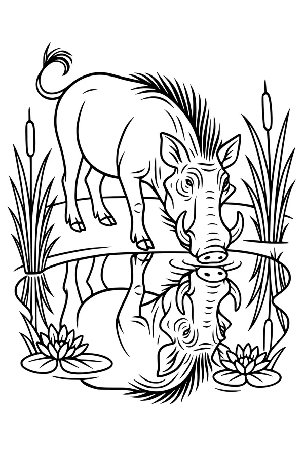Free Warthog Coloring Page - Funny Reflection at the Pond (Printable PDF)