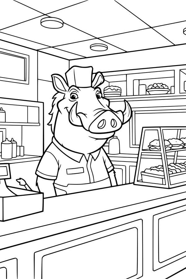 Free Warthog Coloring Page - Cartoon Diner Chef Scene (Printable PDF)