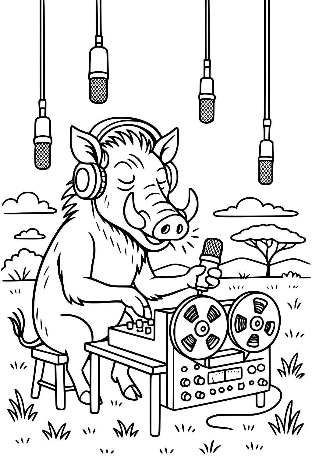 Warthog with headphones singing into a microphone at a recording machine. Five microphones hang from above. Savanna background.