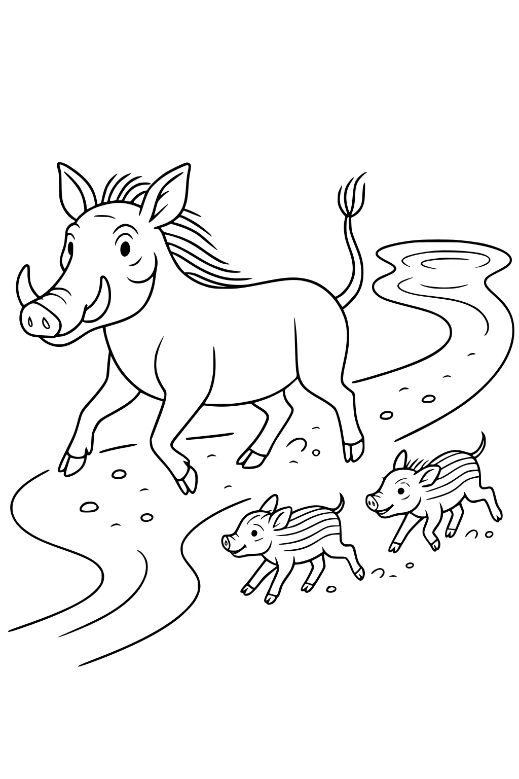 Mother warthog and two striped piglets walking near a pond along a curving path.