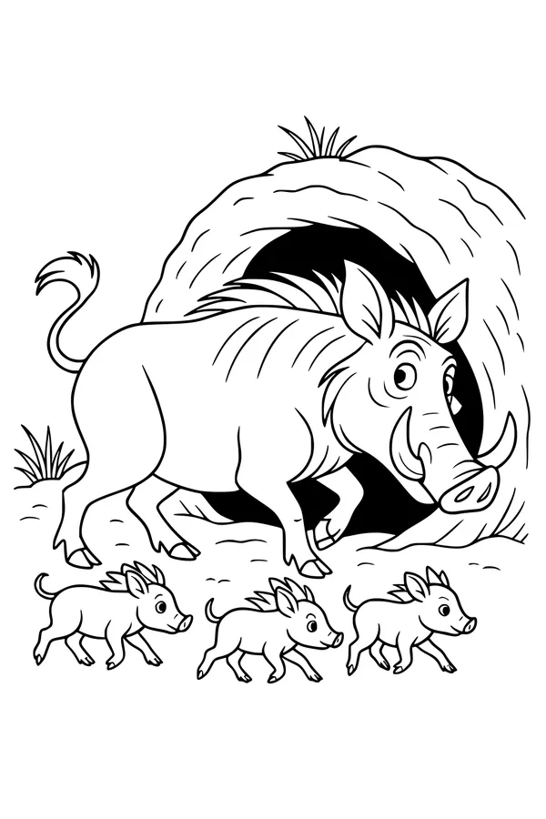 Free Warthog Coloring Page - Warthog Family Morning Walk (Printable PDF)