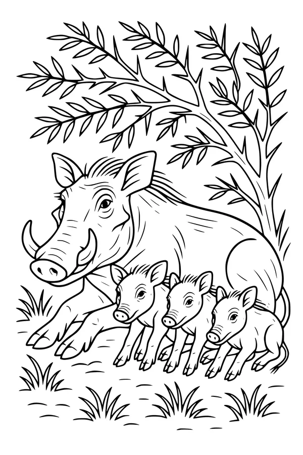 Free Warthog Coloring Page - Mother and Piglets Under a Leafy Tree (Printable PDF)