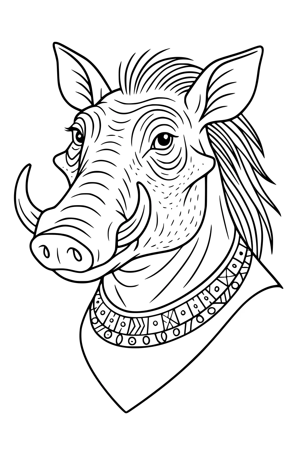 Warthog head with large tusks, bushy mane, and patterned necklace, shown from neck up in outlined drawing.