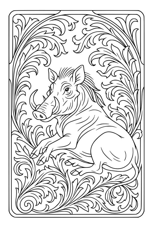 Free Warthog Coloring Page - Relaxed Warthog in Leafy Hideout (Printable PDF)