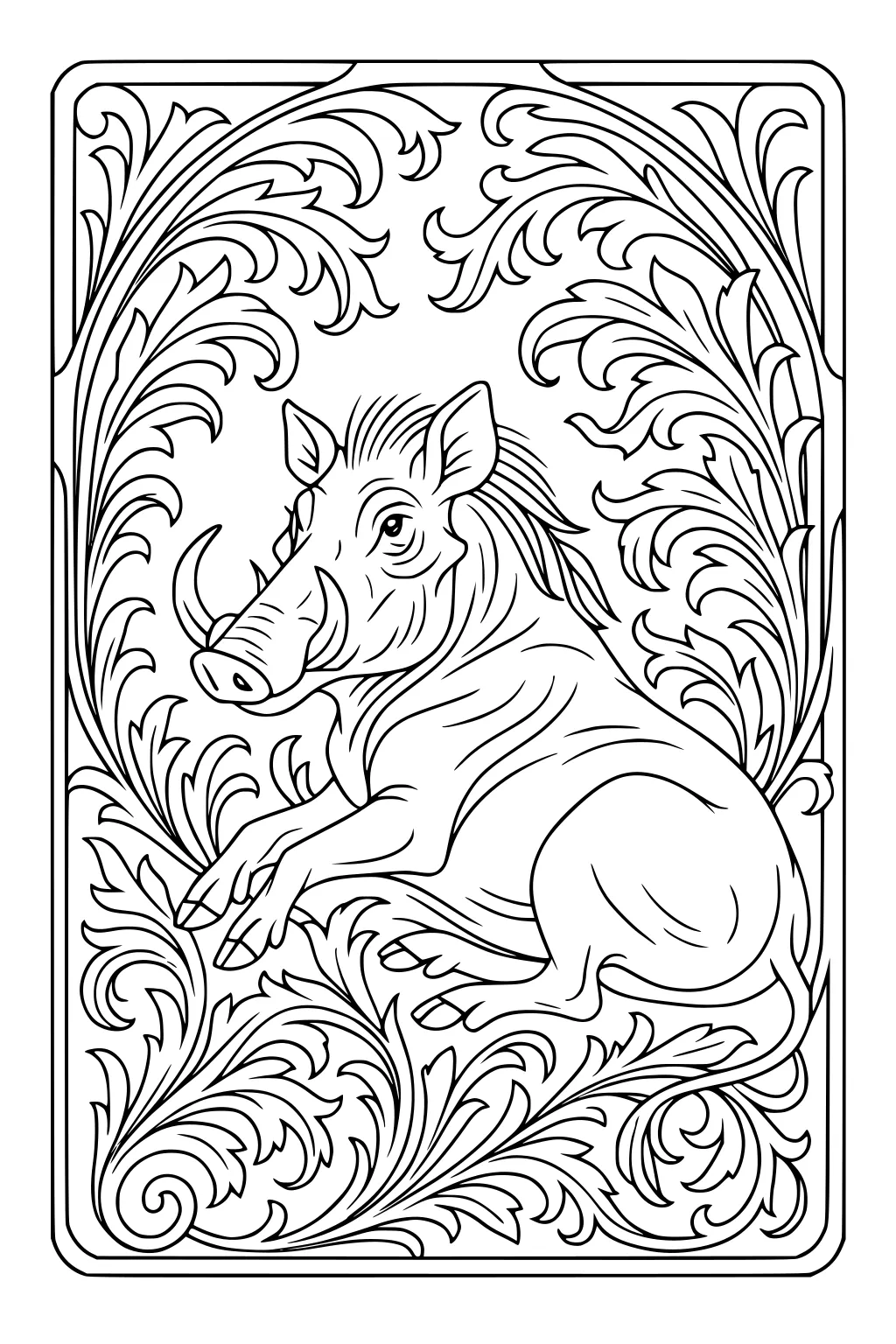 Warthog lying down with bristly hair, big tusks, and swirling leafy patterns all around him.