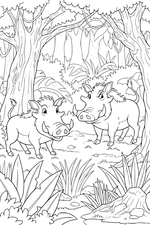 Free Warthog Coloring Page - Cartoon Warthogs in a Forest (Printable PDF)