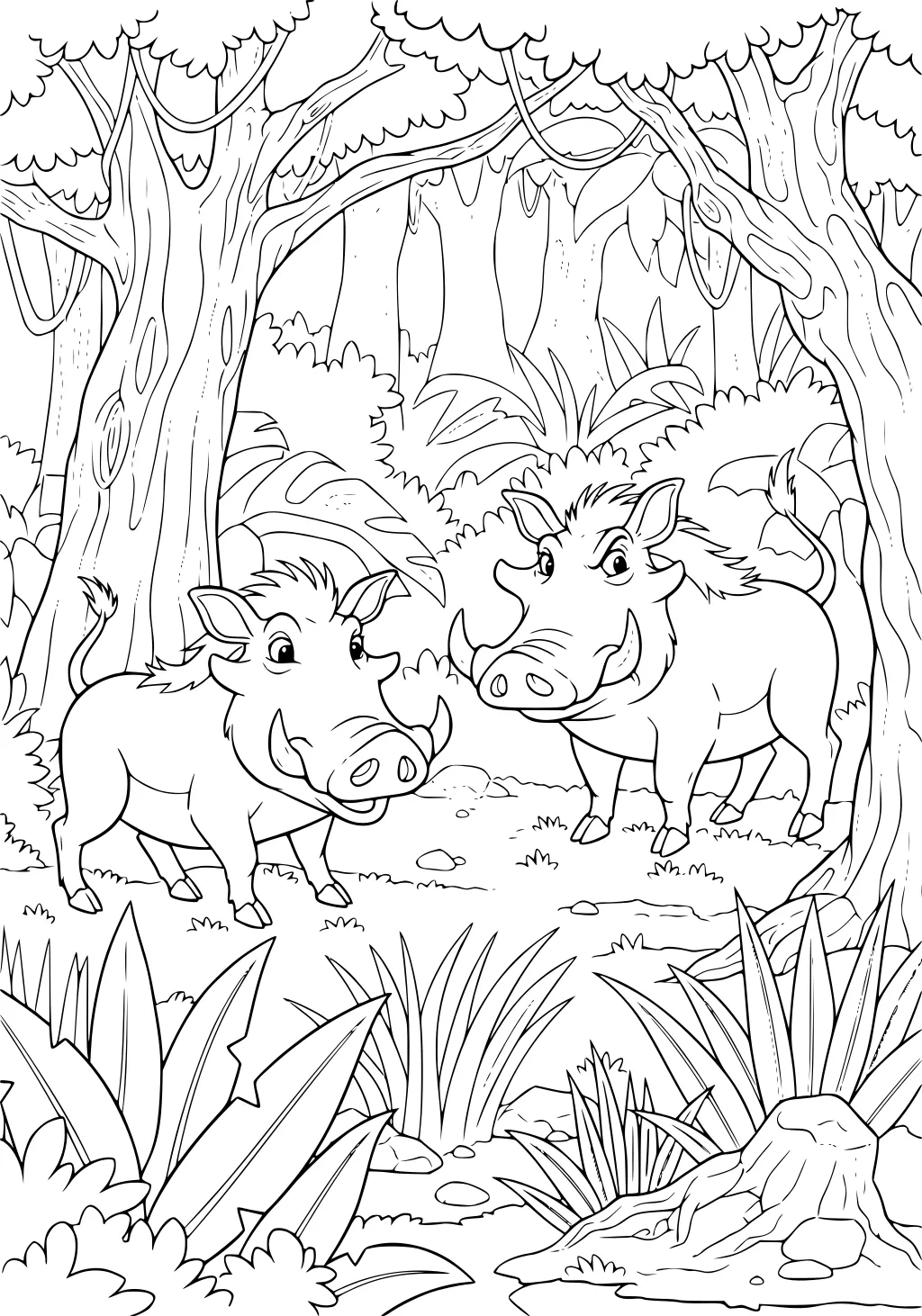 Two cartoon warthogs with large tusks walking on a forest floor among tall trees, grass, big leaves, and rocks.