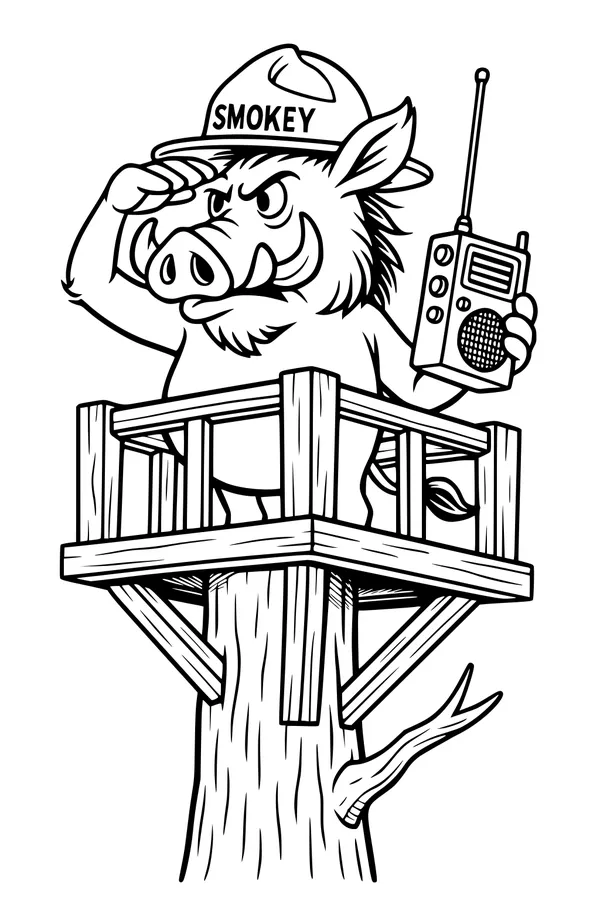 Free Warthog Coloring Page - Forest Firefighter Lookout (Printable PDF)