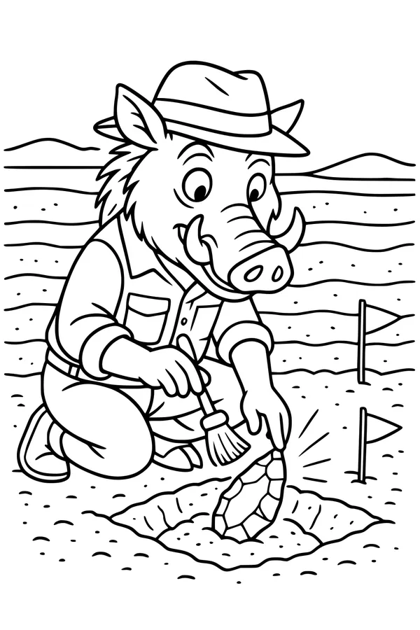 Free Warthog Coloring Page - Archaeologist Digging Fossil in Savanna (Printable PDF)