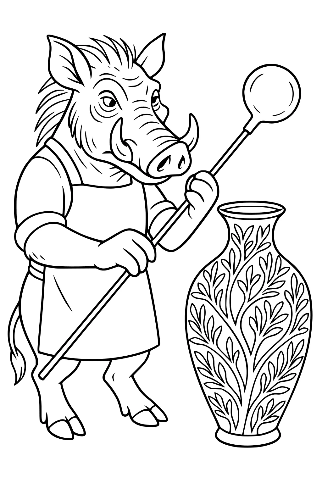 Warthog in apron holding glassblowing pipe, making patterned vase with leafy designs.