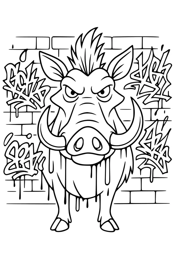 Free Warthog Coloring Page - Street Art Brick Wall Scene (Printable PDF)