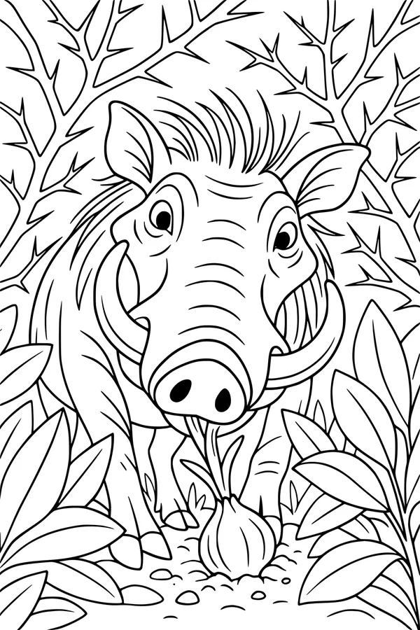 Free Warthog Coloring Page - Tusky Snack in Thorny Bushes (Printable PDF)