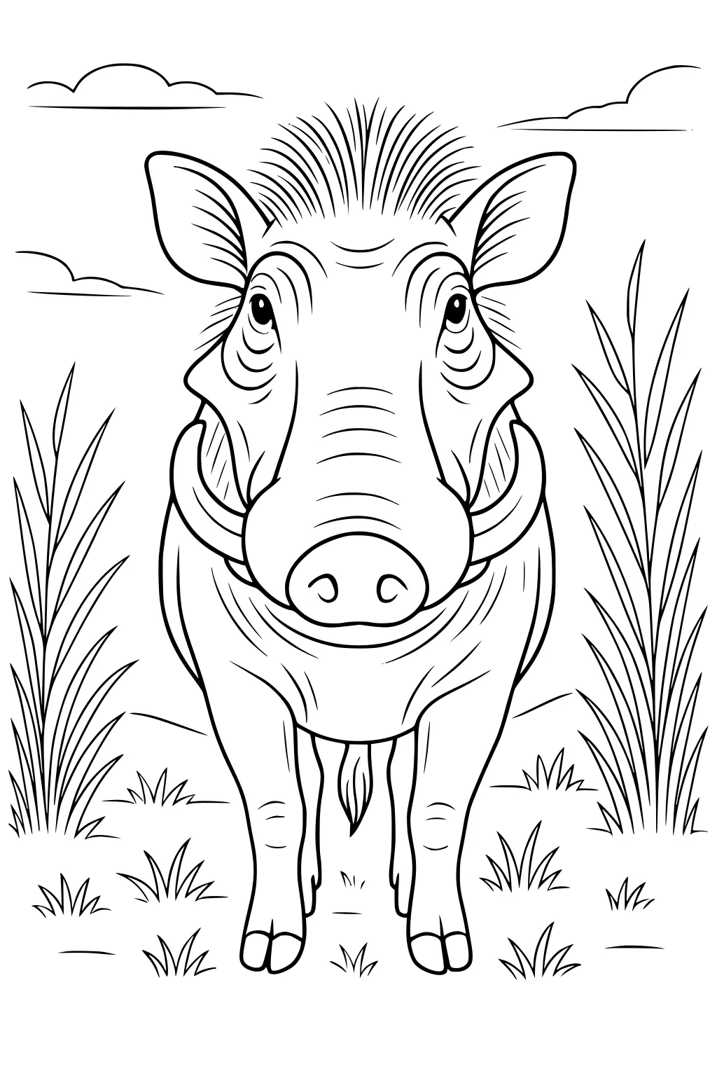 Warthog with a big snout and upright mane standing in grass, facing forward, with clouds and hills behind.