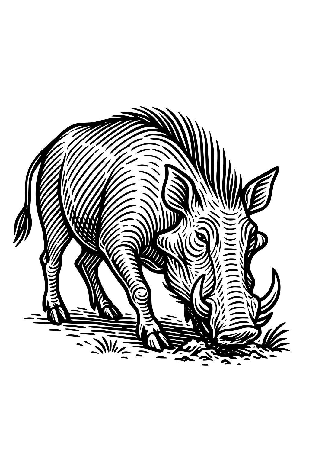 Warthog with spiky fur and large tusks sniffing the grassy ground, head lowered, tail curled, four legs visible.