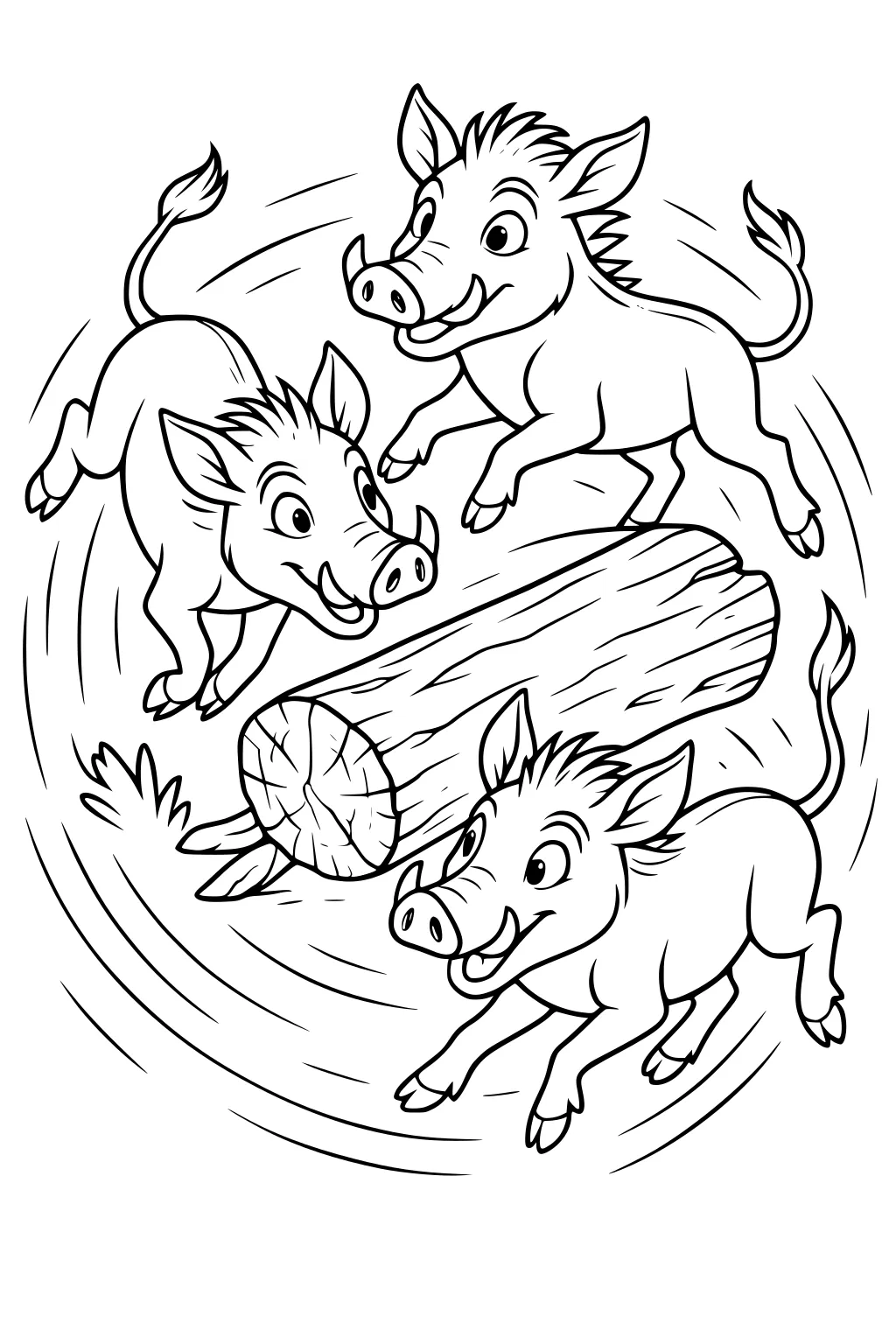 Three cheerful cartoon warthogs run in circles around a large log with playful expressions and swirling lines.
