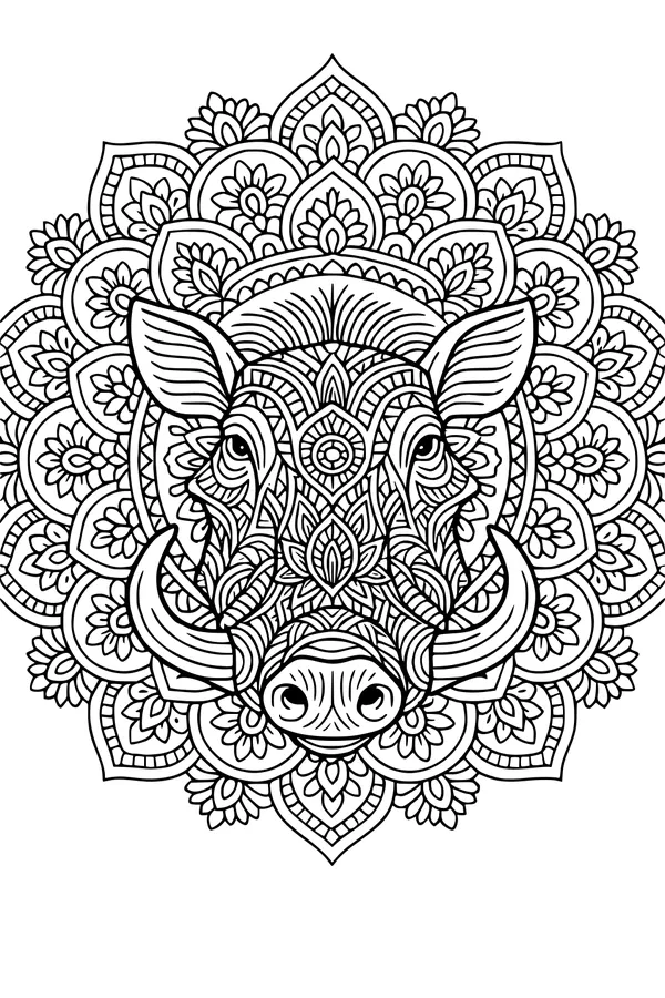 Free Warthog Coloring Page - Floral Mandala Warthog Face (Printable PDF)