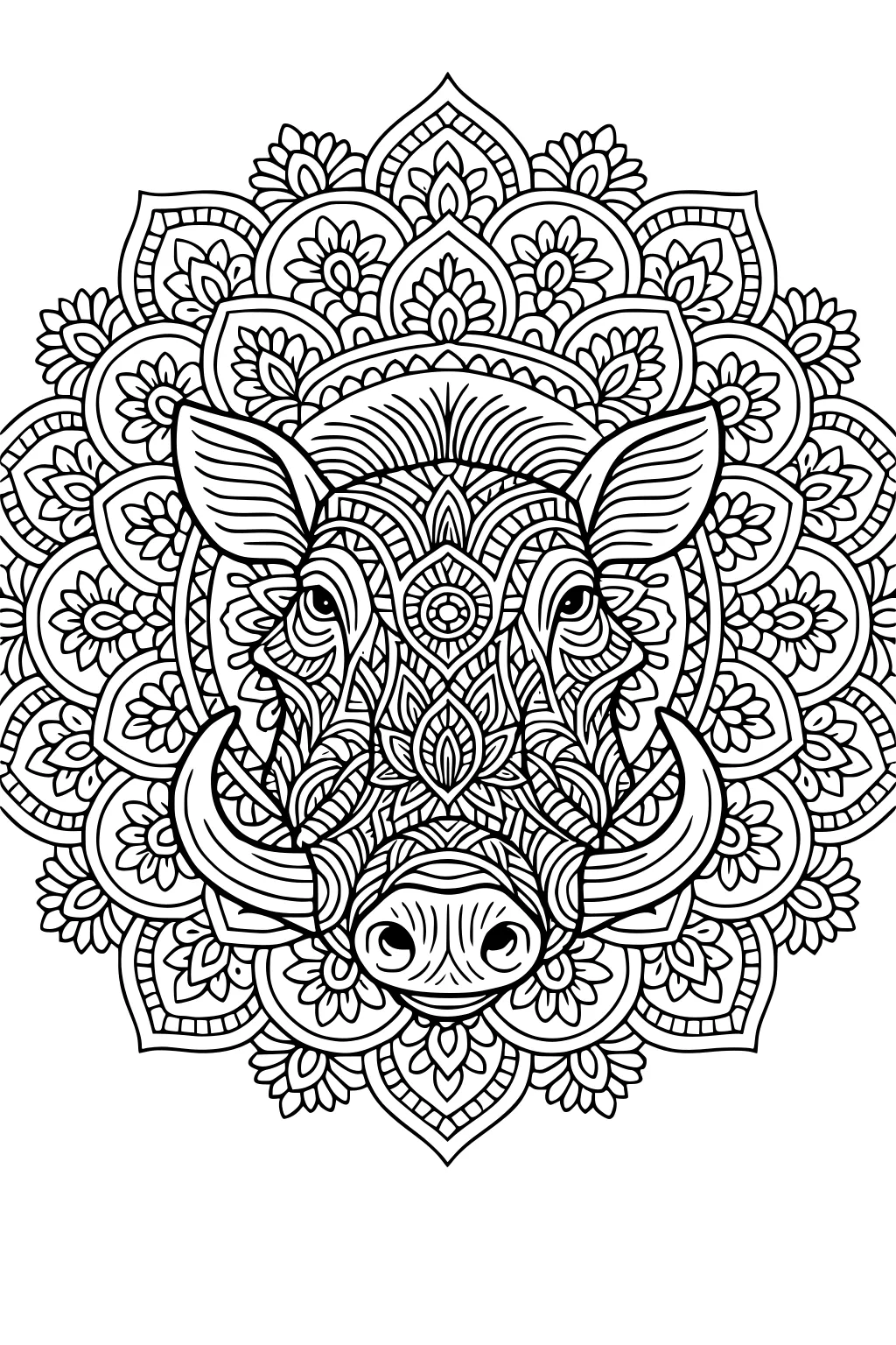 Detailed warthog face decorated with floral and mandala patterns, surrounded by intricate symmetrical shapes.