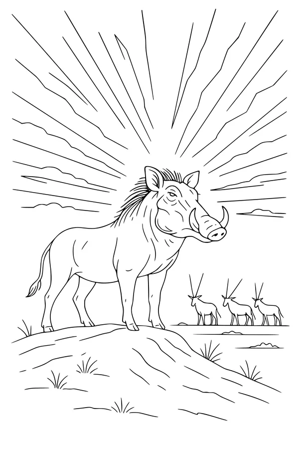 Free Warthog Coloring Page - Sunrise King of the Savanna (Printable PDF)