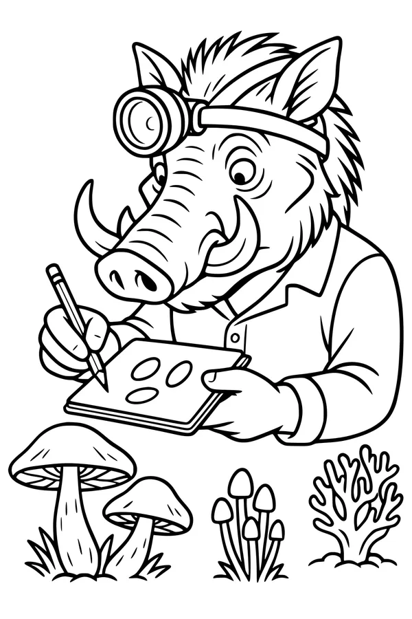 Free Warthog Coloring Page - Scientist Studying Jungle Mushrooms (Printable PDF)