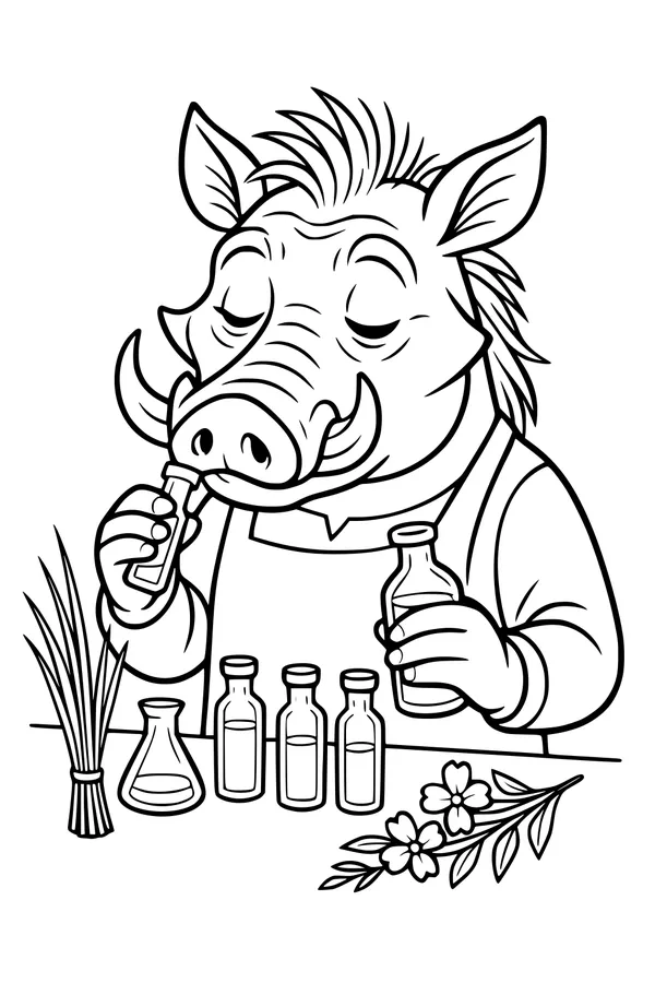Free Warthog Coloring Page - Cartoon Scientist in Scent Lab (Printable PDF)