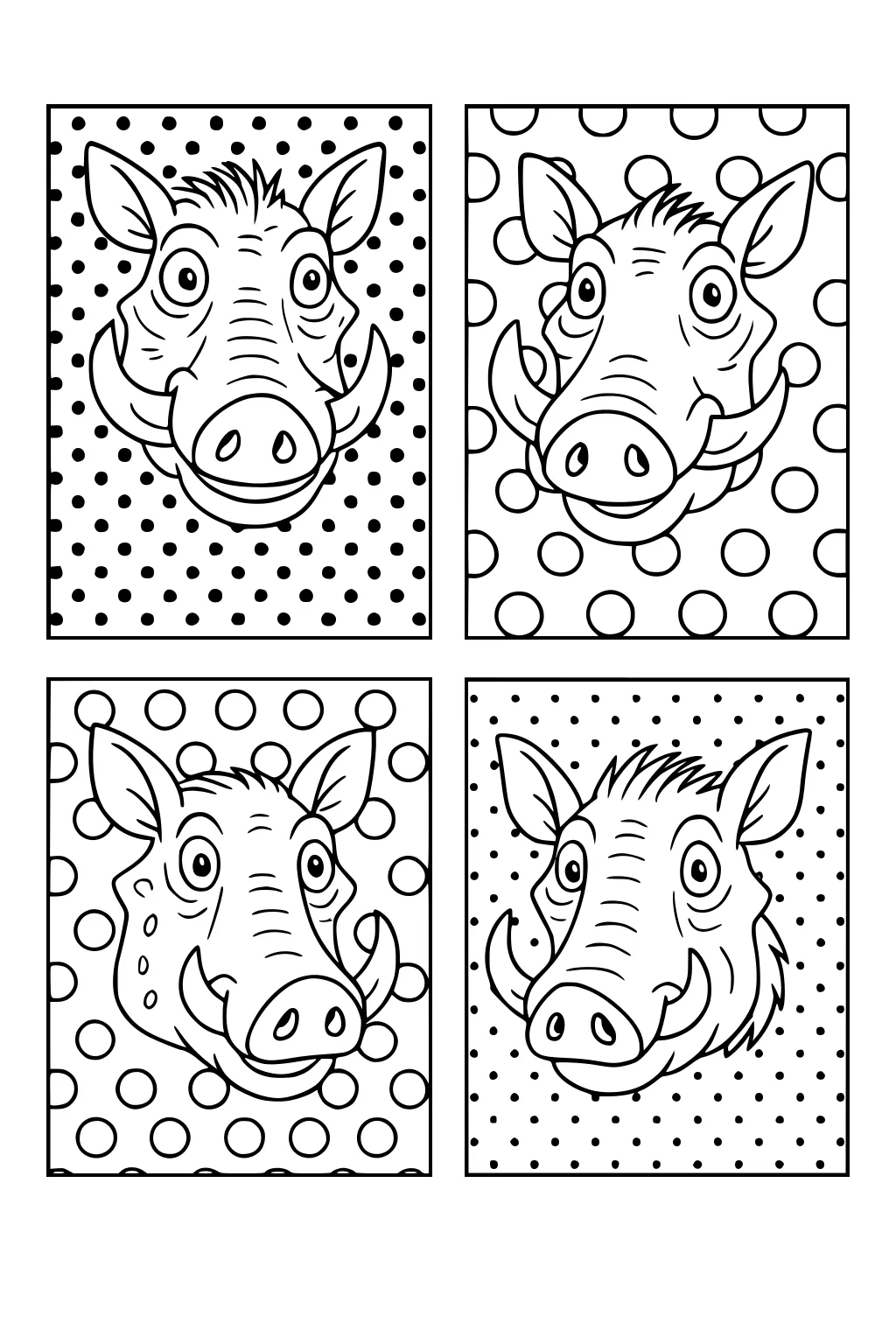 Four cartoon warthog heads with big eyes, large snouts, and tusks, each on a different polka dot background.