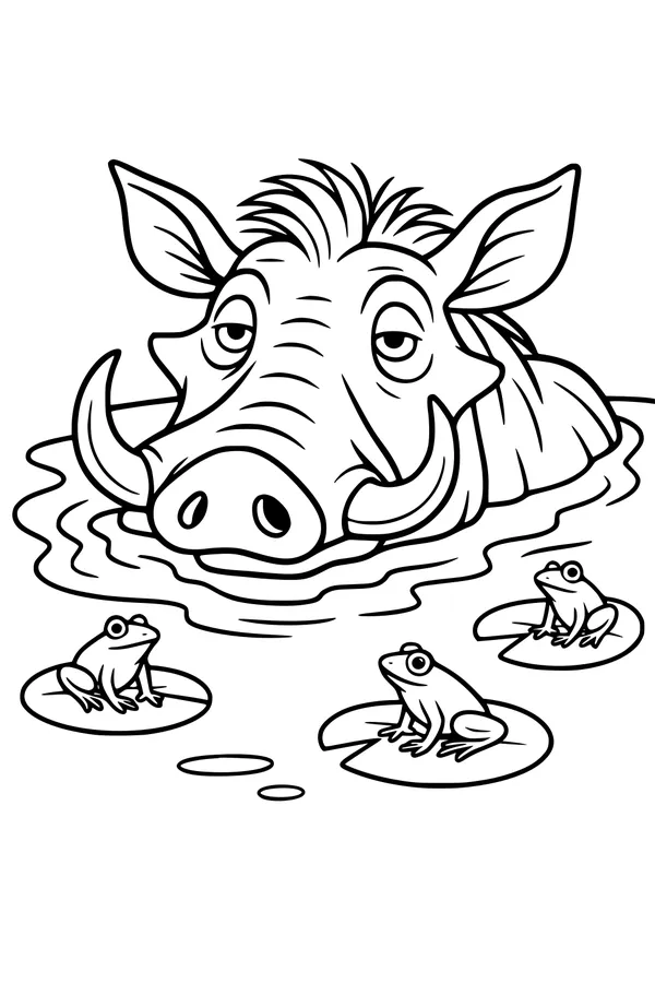 Free Warthog Coloring Page - Relaxing In A Frog Pond (Printable PDF)