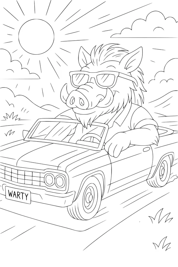 Free Warthog Coloring Page - Cool Sunglasses Convertible Ride (Printable PDF)
