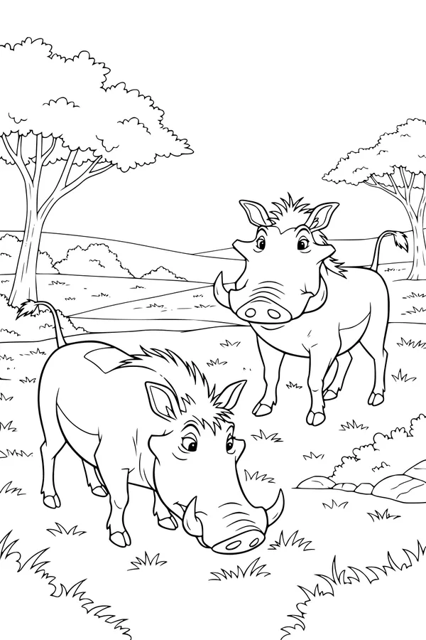 Free Warthog Coloring Page - Two Cartoon Warthogs in Sunny Savanna (Printable PDF)