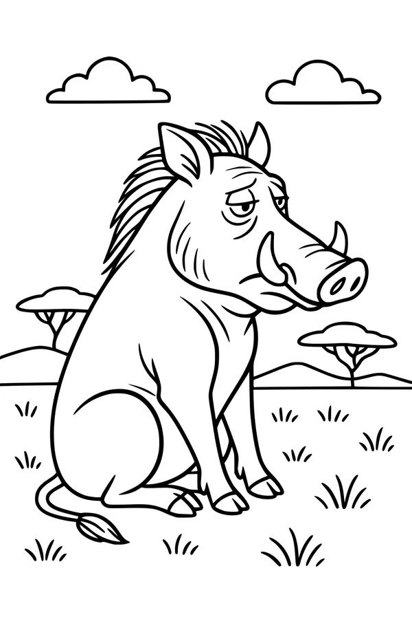 Free Warthog Coloring Page - Cute Warthog on the Savannah (Printable PDF)