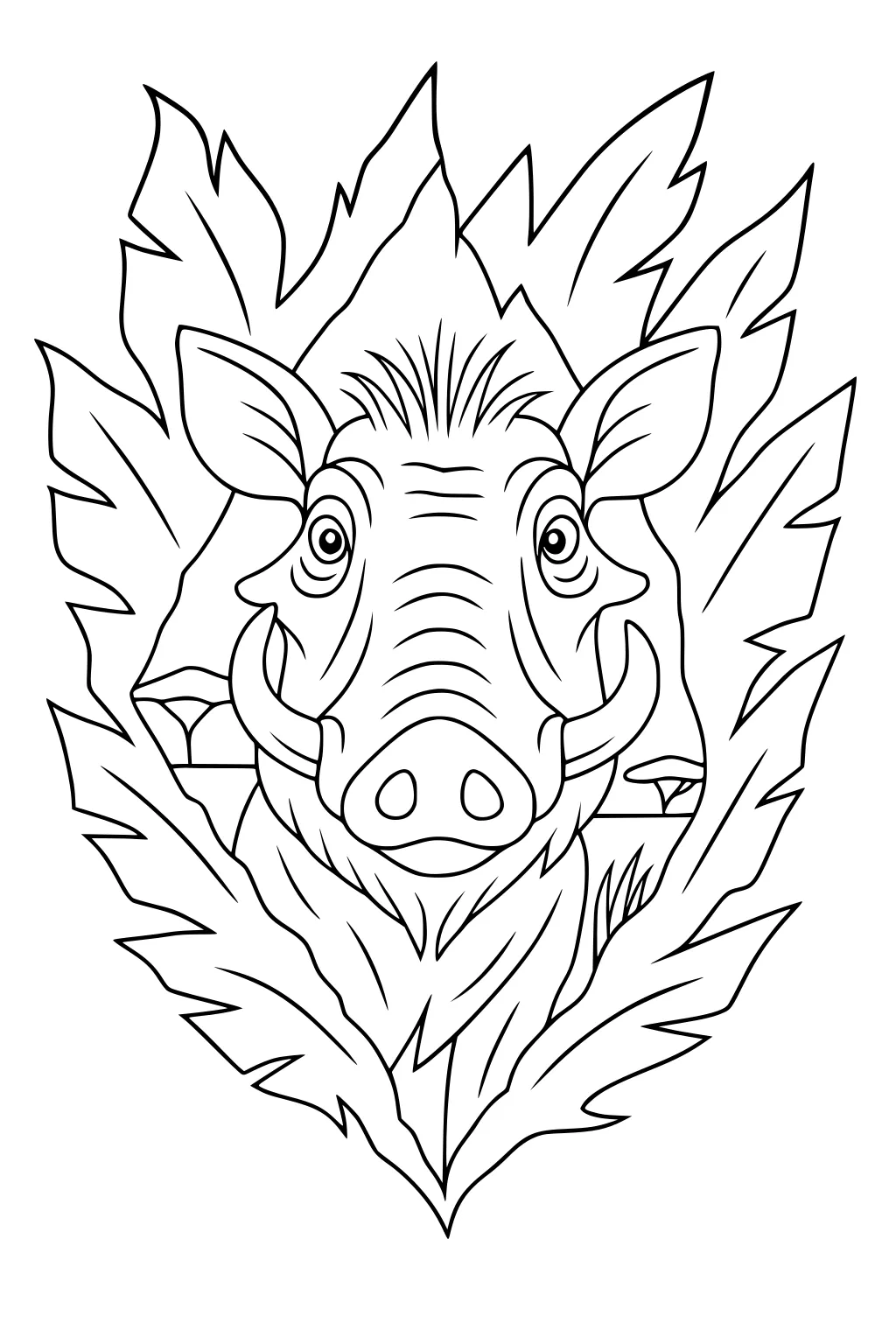 Warthog face peeking through big leaves, with hills and grass in the background, shown in cartoon outline style.