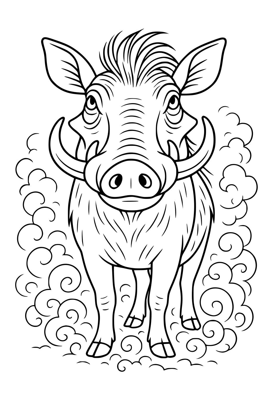 Warthog with big tusks standing in swirls of dust drawn in simple cartoon lines.