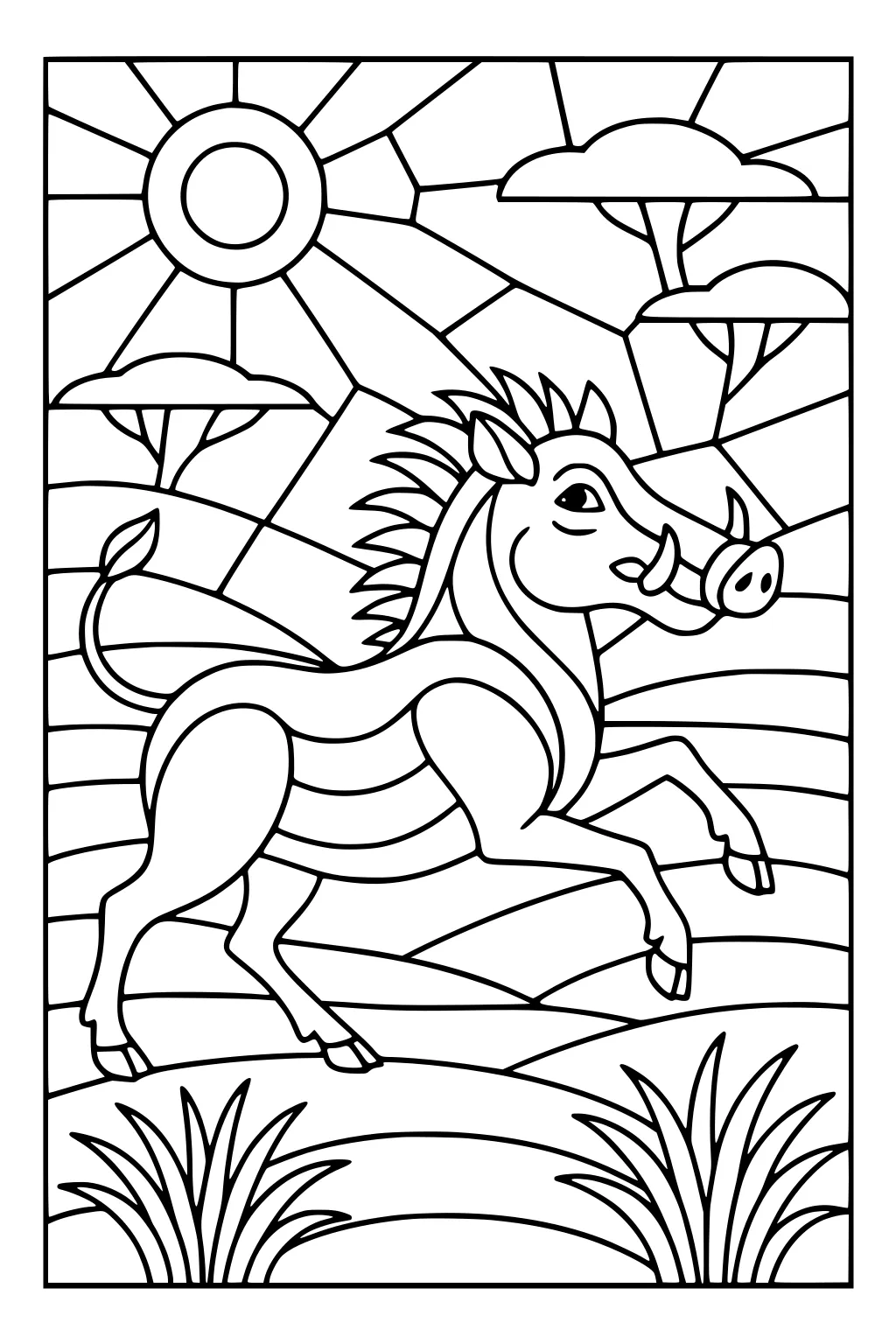 Cartoon warthog running on a grassy plain with big sun and rays, acacia trees, and grass tufts in the foreground.