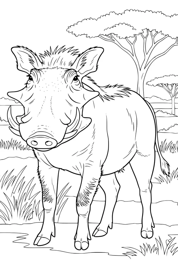 Free Warthog Coloring Page - Strolling on the Grassy Savannah (Printable PDF)