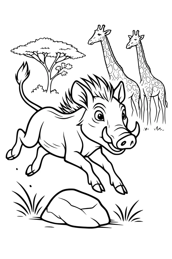 Free Warthog Coloring Page - Leaping With Giraffe Friends in the Savanna (Printable PDF)